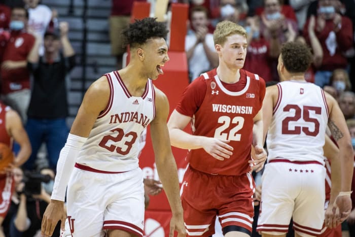 Indiana Hoosiers forward Trayce Jackson-Davis (23) reacts to a made basket in the second half against the Wisconsin Badgers at Simon Skjodt Assembly Hall.